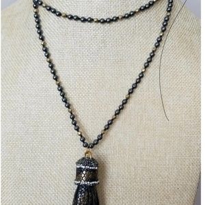 Hematite Stone Beaded Necklace With Leather Pendant 34" 4" pendant Rhinestones